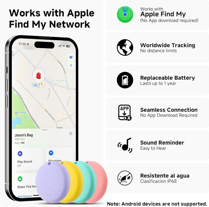 JTD Air Tracker Tags 4 Pack for Find My, 2025 Upgraded with IP68 Waterproof Item Finder with Left-Behind Alert, 4 Colors for Keys, Luggage, Backpack, Wallet. iOS Only.