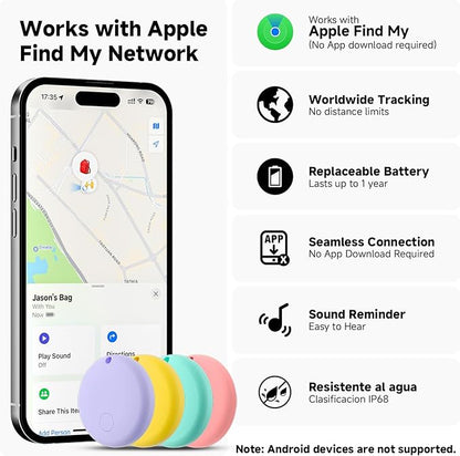 JTD Air Tracker Tags 4 Pack for Find My, 2025 Upgraded with IP68 Waterproof Item Finder with Left-Behind Alert, 4 Colors for Keys, Luggage, Backpack, Wallet. iOS Only.