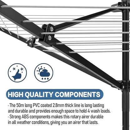 A-xctoe Rotary Outdoor Umbrella Drying Rack Adjustable Height Clothesline w/Waterproof Protective Cover Folding Rotary Dryer with 4-Aluminum Arms and Steel Post | 12-Lines with 165 ft Clothesline