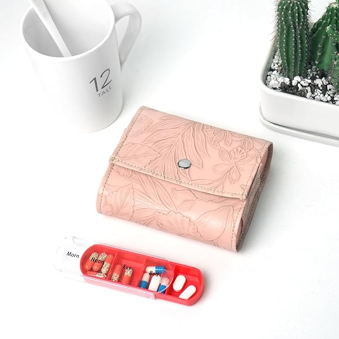 Pill Organizer,LIZIMANDU Weekly Travel Pill Case Box Medication Reminder Daily AM PM, Day Night 7 Compartments,for 4 Times A Day, 7 Days a Week-Includes Leather PU Carrying Case(1-Carved Pink)