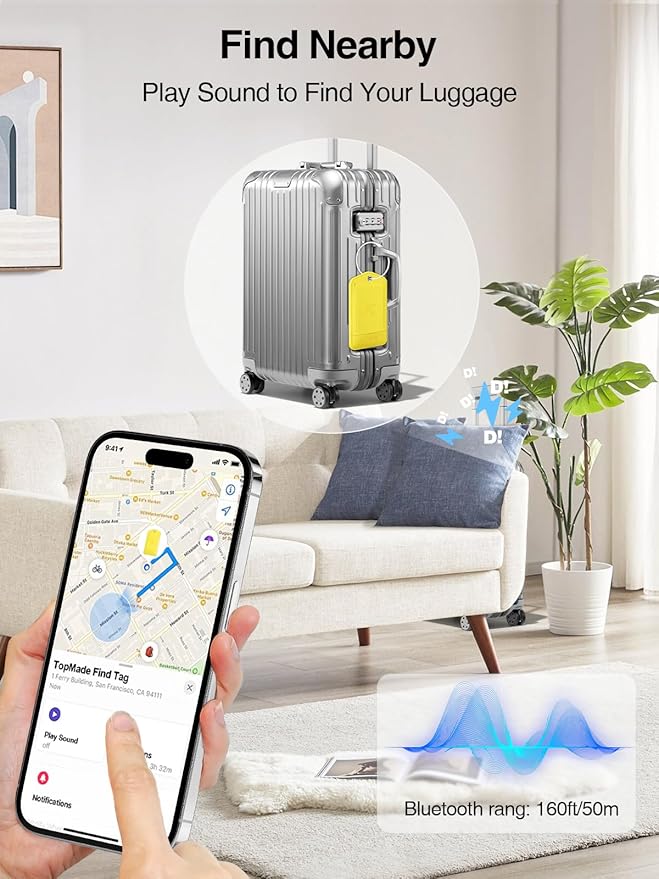 TopMade Smart Luggage Tag with Find My, Premium Leather Luggage Tags for Suitcase, Travel Bags, Backpacks, Anti-Lost Suitcase Tag Tracker for Travel with Privacy Name Card, Rechargeable