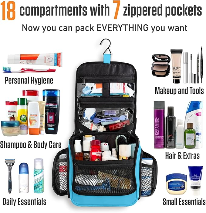 VENTURE 4TH Hanging Travel Toiletry Bag for Women & Men - Travel Organizer with Expandable Compartments & Removable Clear Pouch for Toiletries (Light Blue)