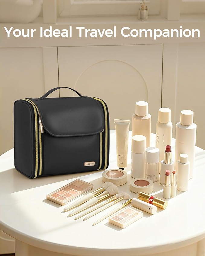 Hanging Toiletry Bag, PU Leather Makeup Bag Large Capacity with Jewelry Organizer for Brushes Set, Cosmetic Accessories, Black