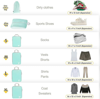 Compression Packing Cubes 6 Set, Dual Zipper Compression Packing Cubes for Travel, Space-Saving Packing Bags for Suitcases, packing cubes with shoe bag