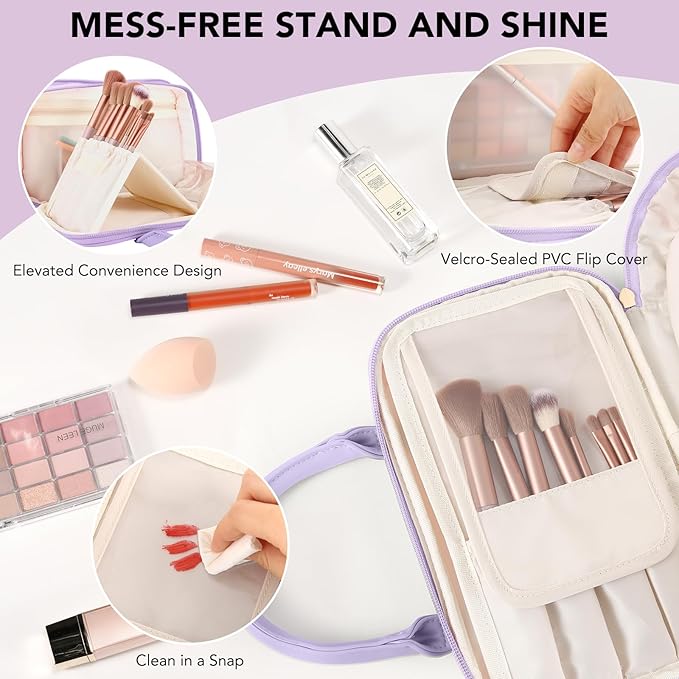 Travel Makeup Bag for Women Fashion Large Capacity Pouch Open Flat Cosmetic Portable Organizer Waterproof Large Opening Storage Toiletry Bags Vertical Free-Standing Brush Holder for Easy Access Purple
