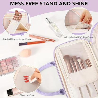 Travel Makeup Bag for Women Fashion Large Capacity Pouch Open Flat Cosmetic Portable Organizer Waterproof Large Opening Storage Toiletry Bags Vertical Free-Standing Brush Holder for Easy Access Purple