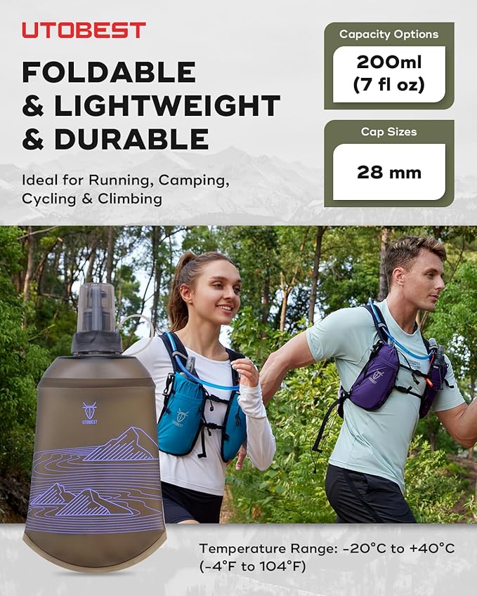 200ml Soft Flask, 2 Pack Flexible TPU Hydration Water Bottle, Collapsible with 28mm Caliber for Running, Hiking, Cycling, Climbing, and Marathon Purple