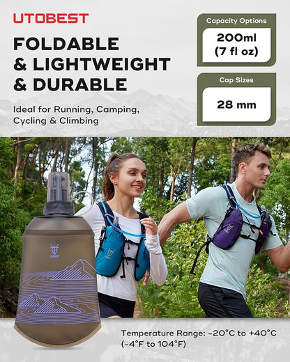 200ml Soft Flask, 2 Pack Flexible TPU Hydration Water Bottle, Collapsible with 28mm Caliber for Running, Hiking, Cycling, Climbing, and Marathon Purple