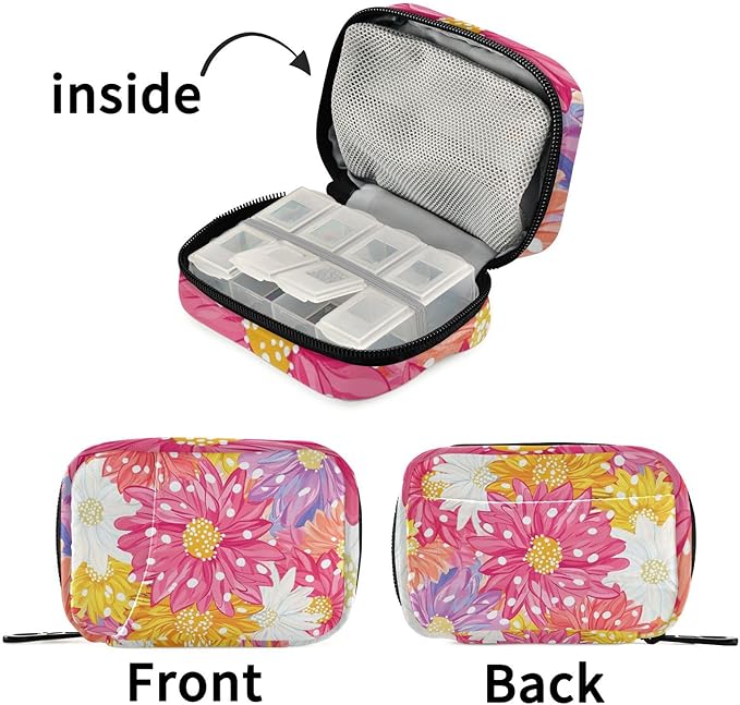 Pill Organizer Box Case Weekly Travel Pill Container Holder 7Day Cute Vitamin Organizer Dispenser Sorter Planner Storage Small Compact Cute Chrysanthemum Flowers14