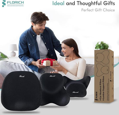 FLORICH Car Seat Cushion and Lumbar Support Pillow for Office Chair Car, Neck Headrest Pillow, Ergonomic Memory Foam, Pressure-Relieving Back Support for Car, Office Chair & Wheelchair – Black