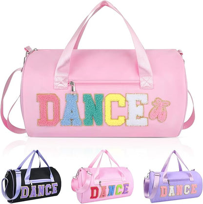 Dance Bag for Girls, KUIRAN 23L Waterproof Travel Duffel Bag with Colorful Chenille Letter, Lightweight Small Gym Sport Ballet Bag with Large Main Compartment 15"Lx9"Wx9"H - Light Pink