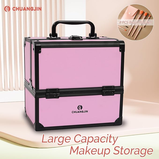 Makeup Train Case 2 Trays Makeup Box Organizer Portable Travel Makeup Case Lockable Makeup Storage Organizer Cosmetic Box for Jewelry Nail Tech Brushes Accessories Tool,Black Pink Pro