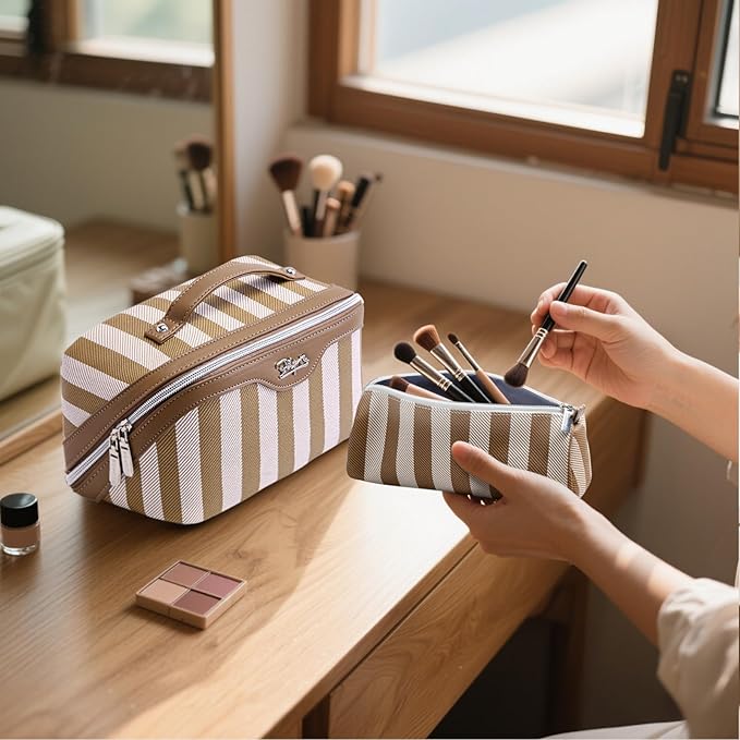 BOYATU Travel Makeup Bag for Women: Large Cosmetic Bag Set of 3 - PU Leather Make up Bag with Compartments - Compact Waterproof Toiletry Bag with Divider & Handle (B-5-Brown)