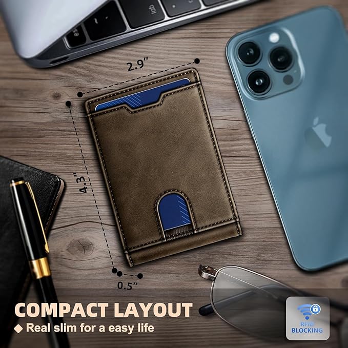 Genuine Leather Wallet for Men, Slim Bifold RFID Blocking with Zipper Coin Pocket, Minimalist Design for Travel and Daily Use (Coffee)
