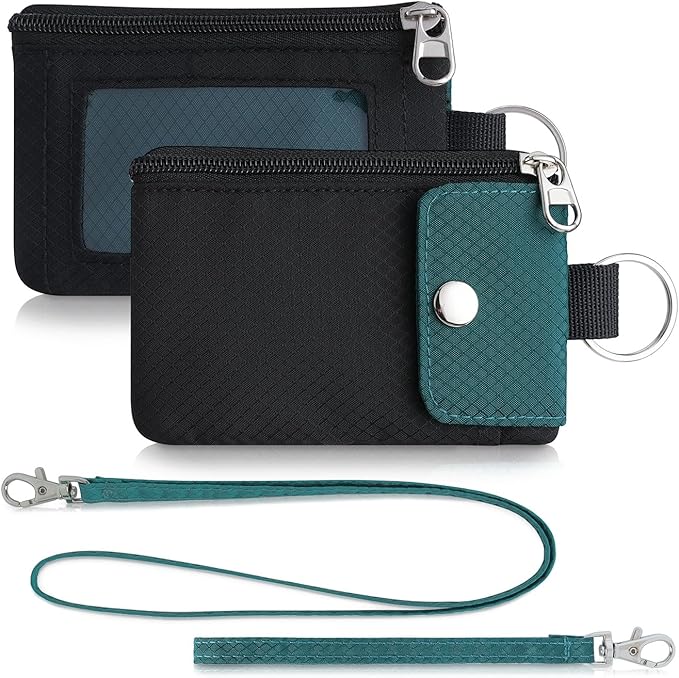 Minimalist Wallet For Mens Womens, Keychain RFID Blocking Zipper Small Wallet with ID Window 2 Lanyards,Water Resistant Travel Cash Card Coin Case Boys Girls