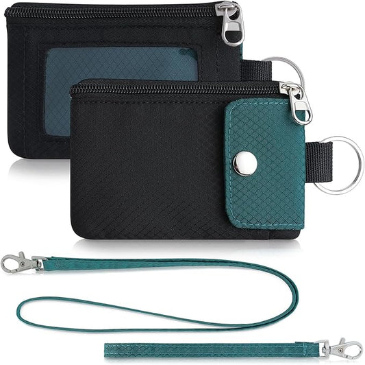 Minimalist Wallet For Mens Womens, Keychain RFID Blocking Zipper Small Wallet with ID Window 2 Lanyards,Water Resistant Travel Cash Card Coin Case Boys Girls