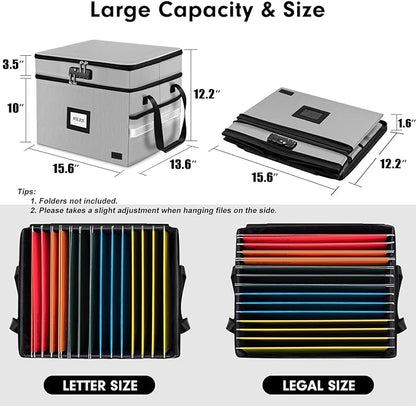 Fireproof Document Box with Lock, 2-Layer File Box Storage Organizer with 5 Tabs& Insert, Portable File Cabinet Storage Box with Handle for Hanging Letter,Legal Size Folder/Certificate, Silver Grey