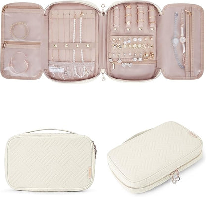 BAGSMART Travel Jewelry Case, Jewelry Organizer for Women Girls, Zipper Rings Holder Storage Pouch for Rolls Necklaces,Stud Earrings,Bracelets, Beige