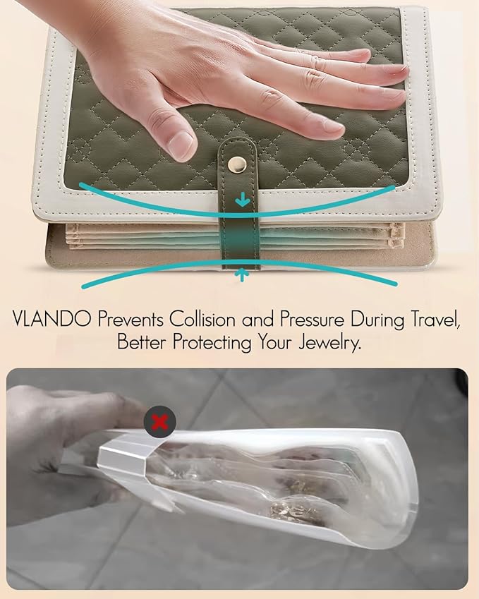 Vlando Travel Jewelry Organizer Case,Mom Gifts from Daughter,Jewelry Storage Book Ring Binder with Clear Zipper Velvet Jewelry Pouch Bag,Travel Essentials for Rings,Necklace,Earrings-Olive Green