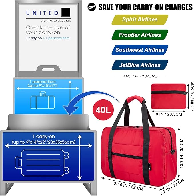 Foldable Travel Duffle Bag, Airlines Approved Carry On Bag Weekender Overnight Bag for Men Women, 40L (Red)