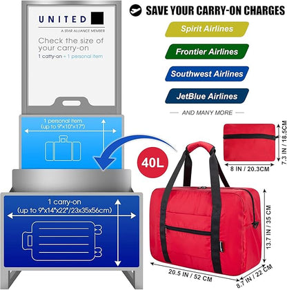 Foldable Travel Duffle Bag, Airlines Approved Carry On Bag Weekender Overnight Bag for Men Women, 40L (Red)