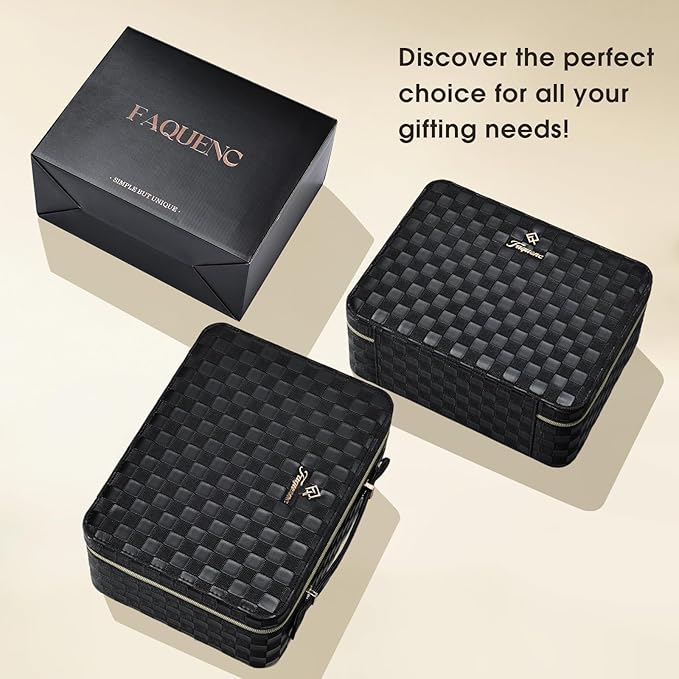 Leather Makeup Case with LED Lighted Mirror 11.4 Inch Travel Makeup Bag Adjustable Brightness in 3 Colors Cosmetic Organizer Artist Storage Bag with Dividers Brush Holder Bag Vanity Black Checkerboard