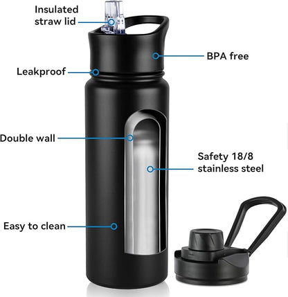 24oz Insulated Water Bottle with Straw Lid, Stainless Steel Metal Water Bottle with Straw & Wide Mouth Lid, Double Wall Vacuum Water Bottle for Hiking Camping, Black 1 Pack