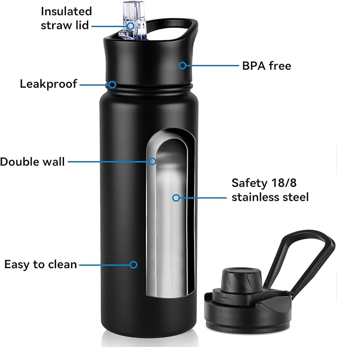 24oz Insulated Water Bottle with Straw Lid, Stainless Steel Metal Water Bottle with Straw & Wide Mouth Lid, Double Wall Vacuum Water Bottle for Hiking Camping, Black 4 Pack