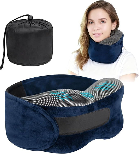 Memory Foam Neck Pillow for Airplane Travel - Ergonomic Support for Long Flights, Car Rides, Office & Home Use - Includes Contoured Eye Mask & Head Support - Adjustable Sizes M-L（Navy）