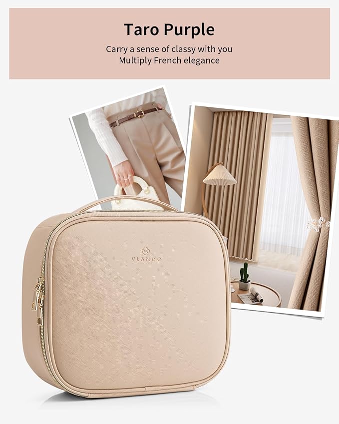 Vlando Travel Makeup Bag, Large Capacity Cosmetic Bag for Women PU Leather Makeup Case Organizer Portable Make up Bag with Dividers and Handle for Girls,Wedding,Makeup Brushes Milk Tea