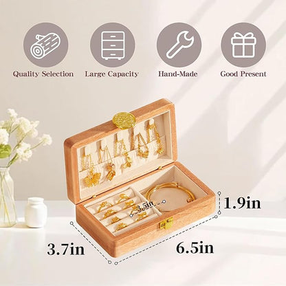 Travel Jewelry Case Small Wood Jewelry Organizer Jewelry Box for Women (Pine Wood Print B)