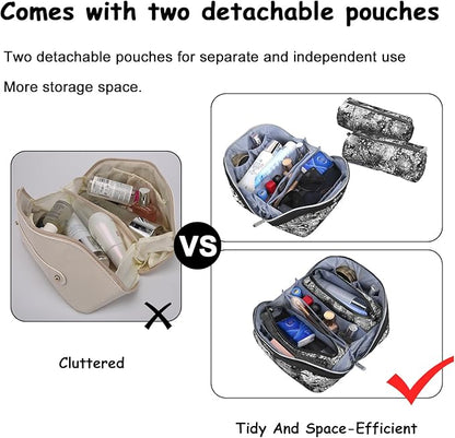 BOYATU Travel Makeup Bag for Women: Large Capacity Make up Bag with Compartments - Vegan Leather Cosmetic Bag set of 3 - Waterproof Toiletry Bag with Handle & Divider(E-2-Black)