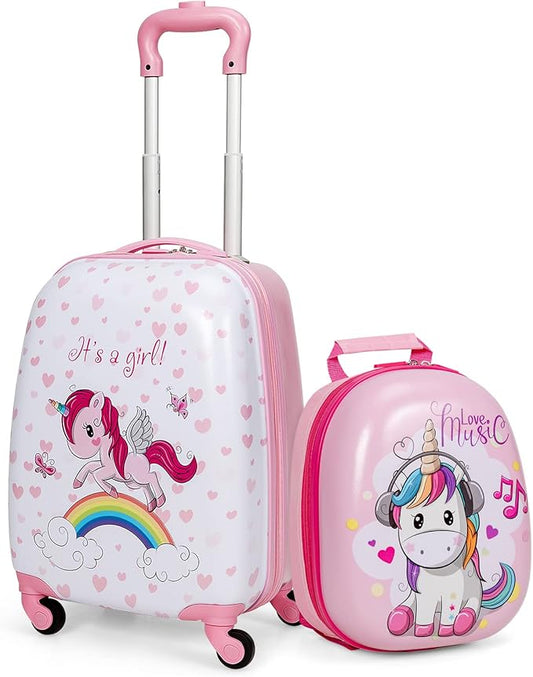 Goplus 2PC Kids Luggage, 12" & 16" Kids Carry On Luggage Set with 4 Spinner Wheels, Lightweight Rolling Spinner Suitcase for Children Toddlers Boys and Girls Travel