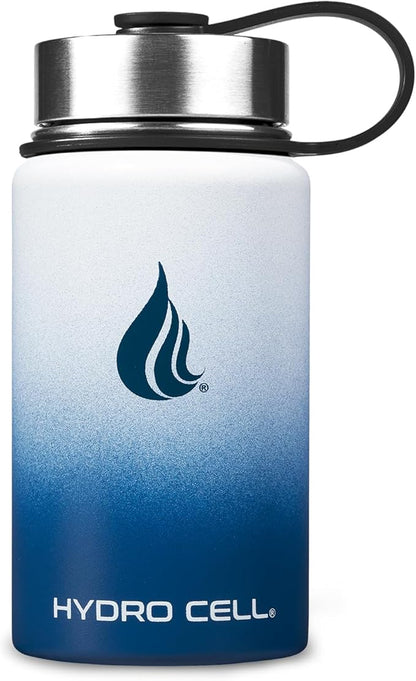 HYDRO CELL Stainless Steel Insulated Water Bottle with Straw - For Cold & Hot Drinks - Metal Vacuum Flask with Screw Cap and Modern Leakproof Sport Thermos for Adults (Navy/White 14oz)