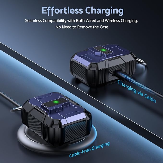 DASFOND Armor Earphone Cover Case for Airpods Pro, Military Grade Full Body Shockproof Protection Hard Case, Support Wireless Charging with Keychain, Magnetic Lid, Front LED Visible, Blue