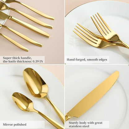 Gold 40-Piece Silverware Set,Stainless Steel Flatware Utensils Cutlery Set for 8,Including Steak Knife Fork and Spoon,Dishwasher Safe,Modern Tableware for Home & Dining