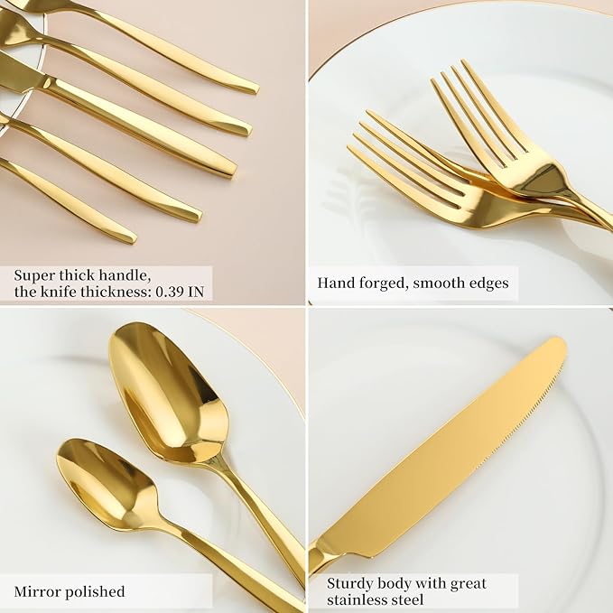 Gold 20-Piece Silverware Set,Stainless Steel Flatware Utensils Cutlery Set for 4,Including Steak Knife Fork and Spoon,Dishwasher Safe,Modern Tableware for Home & Dining