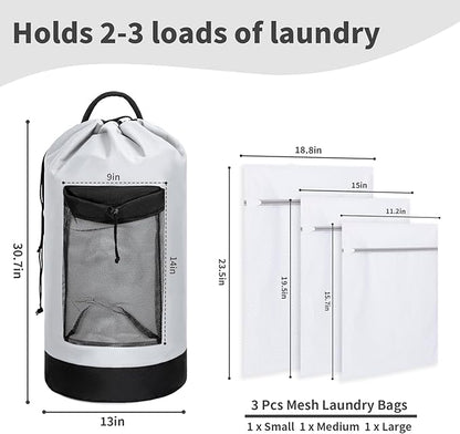 Laundry Bag Backpack with 3 Sizes Mesh Wash Bags and Shoulder Straps Foldable Clothes Hamper Bag with Drawstring Closure for College, Apartment, Laundromat (White)