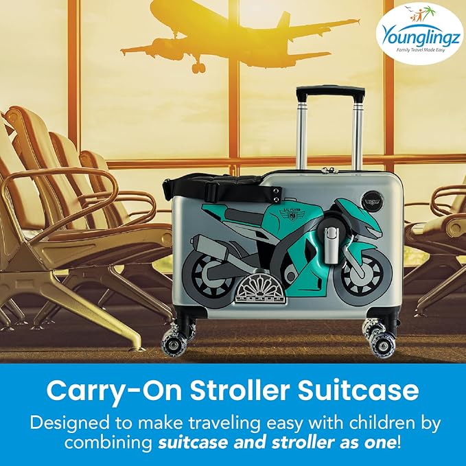 Younglingz LIL FLYER GO Version 2 Ride On Suitcase for Kids | Carry On Luggage with Toddler Seat, Foldable Handlebars, Pedals, and Removable Wheels | Holds up to 80 lbs | Green Motorcycle | Ages 2-6
