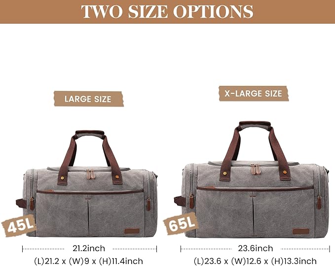 S-ZONE Canvas Duffel Bag for Travel 45L Weekender Overnight Travel Bags with Shoes Compartment for Men