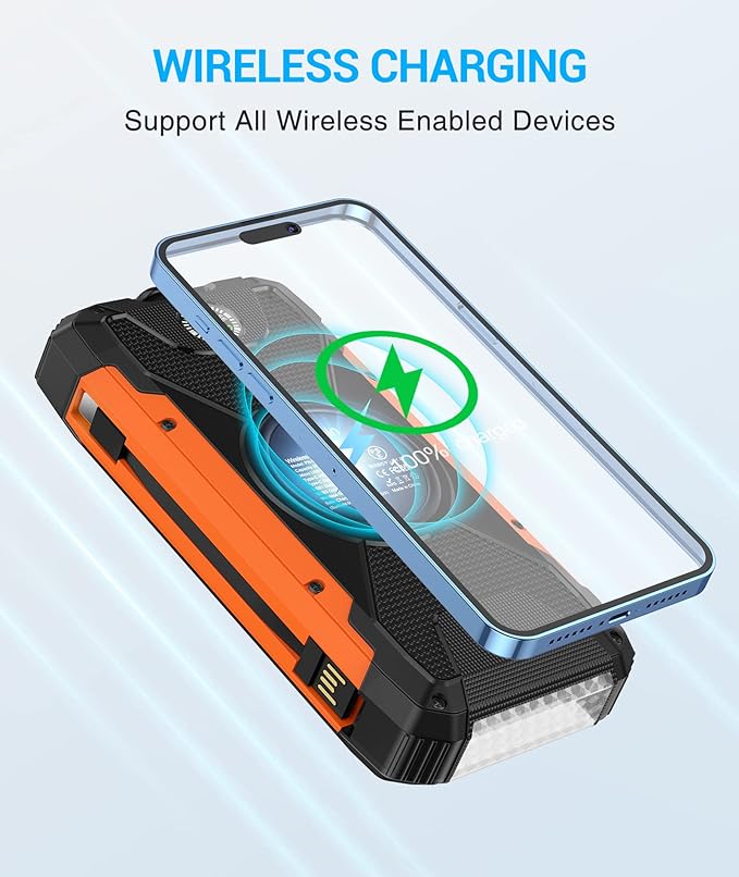 Solar Charger Power Bank -38600mAh Solar Phone Charger Built in 3 Cables Waterproof Outdoor External Battery Pack with 4 Outputs 2 Inputs USB C 15 W Powerbank with Camping Light Compass