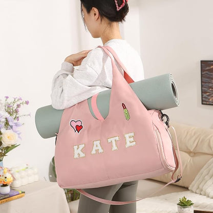 Personalized Duffel Bag Custom Sport Gym Travel Bags Embroidered Name Text Customized Dry Wet Separated Weekend Waterproof Bag for Women Men (C-Pink)