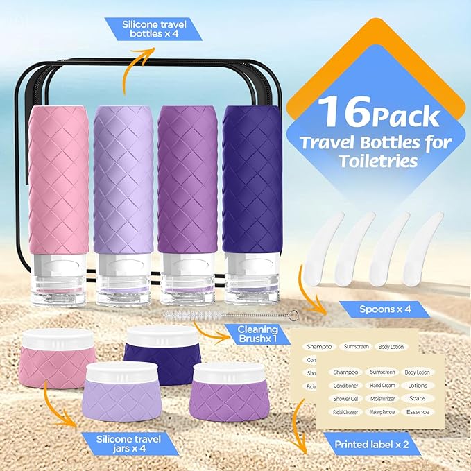 16 Pack Travel Bottles for Toiletries, TSA Approved Travel Size Toiletries Containers Set, BPA-Free Silicone Leak Proof Refillable Bottles Stackable Creams Jars Accessories Kit W/Clear Bag(Purple)