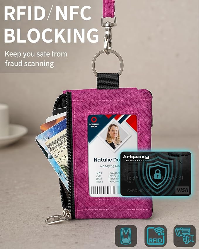 Minimalist Wallet For Mens Womens, Keychain RFID Blocking Zipper Small Wallet with ID Window 2 Lanyards,Water Resistant Travel Cash Card Coin Case Boys Girls