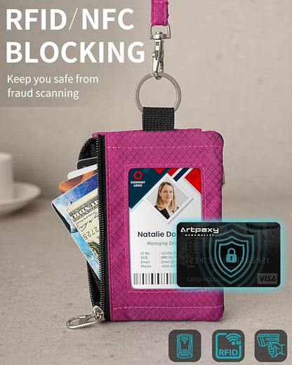 Minimalist Wallet For Mens Womens, Keychain RFID Blocking Zipper Small Wallet with ID Window 2 Lanyards,Water Resistant Travel Cash Card Coin Case Boys Girls