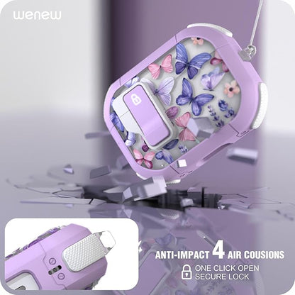 WENEW for AirPods Pro 3 Case (2025) Cover Secure Lock Automatic Snap Switch Clip Cleaner Kit Lanyard Women Stylish Flower Hard Shell Full Body Front LED Visible (Purple Butterfly, AirPods Pro 3)