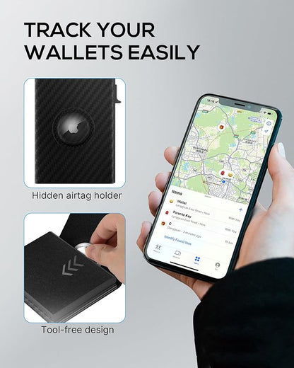 Mens Wallet Card Holder for AirTag: Smart Wallet Compatible with Apple Air Tag, Pop Up Card Case, Top Grain Leather, RFID Blocking, Slim, Minimalist, 9-14 Card Capacity | ID Window | Cash Slot