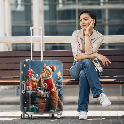 Christmas Cat Luggage Cover – Cute Santa Kitty Suitcase Protector, Holiday Travel Luggage Sleeve, Stretchable & Waterproof,M