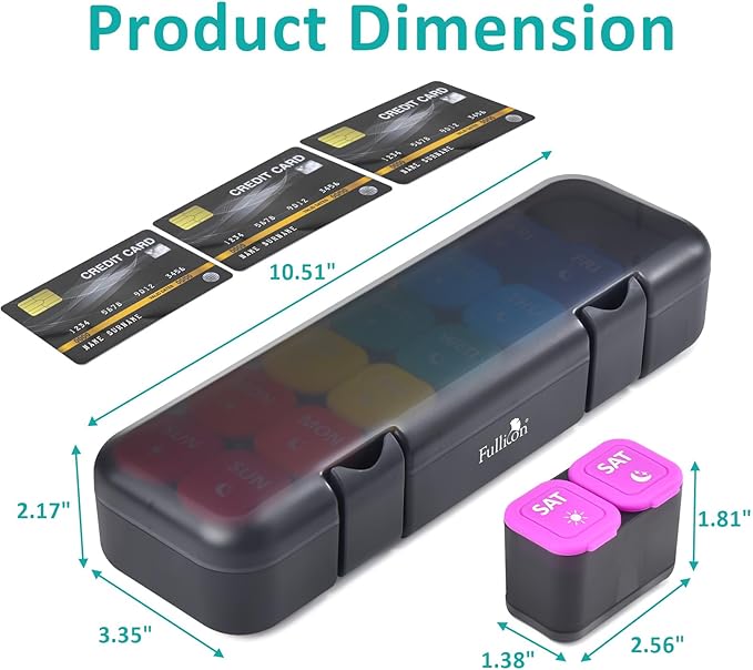 Fullicon Moisture-Proof Pill Organizer 2 Times a Day, Weekly Pill Boxes & Organiser with Silicone Lids, Large Capacity AM PM Pill Organizer 7 Day, Travel Pill Case for Vitamins (Black Rainbow)