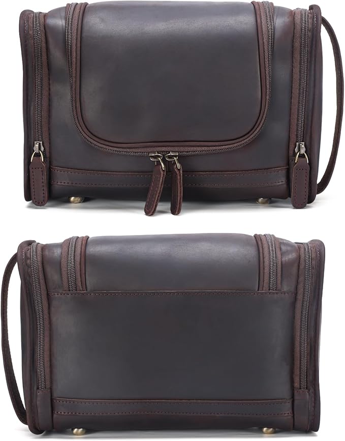 Polare Full Grain Leather Toiletry Bag Travel Dopp Kit Makeup Cosmetic Organizer Shaving Kit Wash Case with Hanging Hook